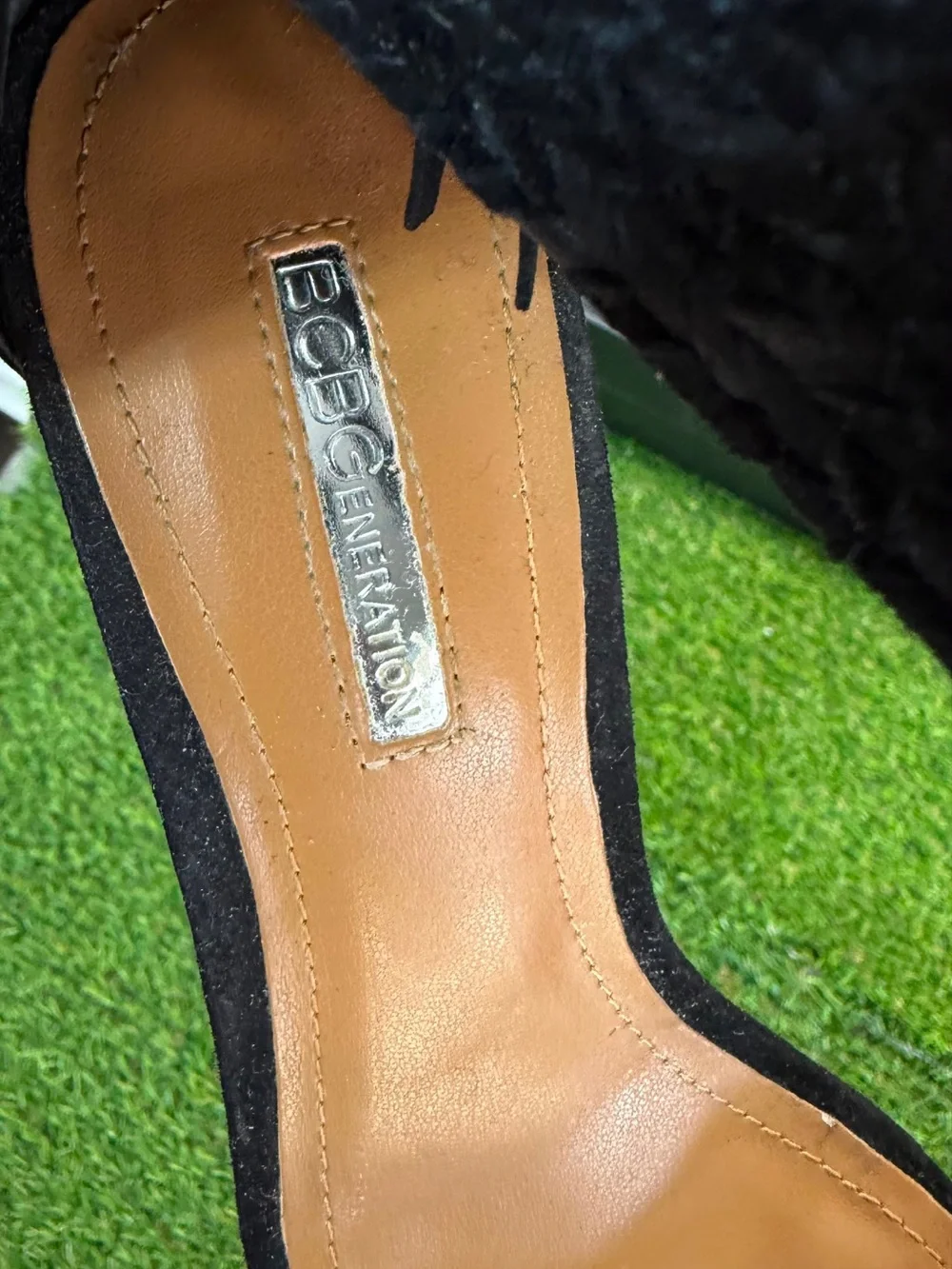 BCBGeneration Calizi Black Faux Suede Fringe Braided Ankle Strap Block Heels 6M